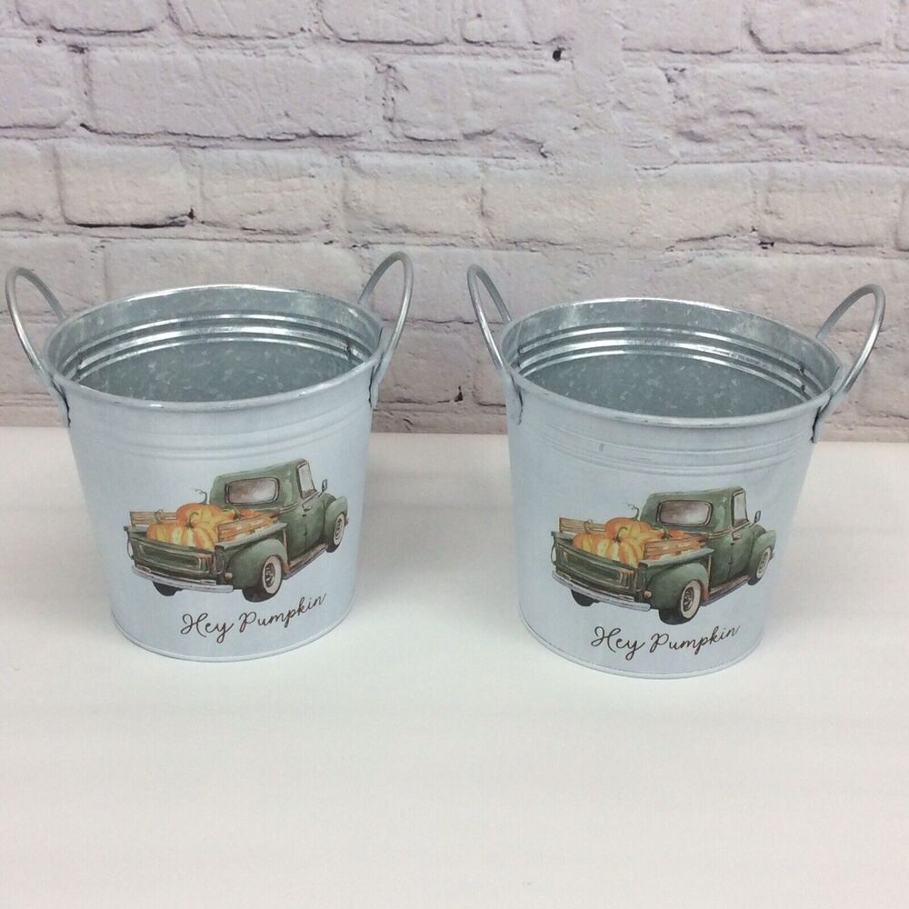 Hey Pumpkin Fall Metal Galvanized Bucket w/Truck Farmhouse Style Decor Set of 2 - Picture 3 of 7